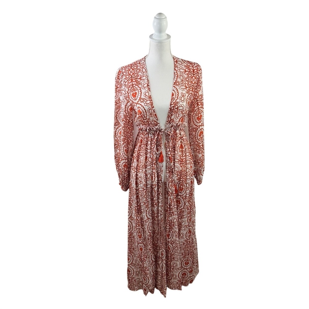 Aakaa Orange and White Paisley Flowy Boho Duster Tie Waist Open Longsleeve XS - Picture 1 of 11
